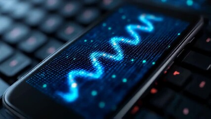 Close-up of a blue waveform on a smartphone screen with a keyboard in the background. - Powered by Adobe