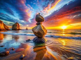 Serene Coastal Landscape: Balanced Rocks and Tranquil Ocean