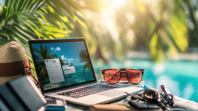 Planning a dream vacation online, with a digital checklist and an interactive booking screen on blurred background