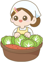 김장_하얀수건_앞치마여자아이_배추담그는모습_겨울김치준비
