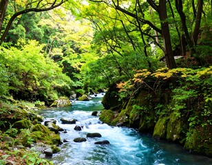 Obraz premium River flowing through lush forest (2)