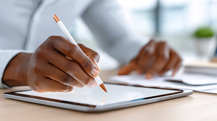 User Interacts With a Tablet While Taking Notes in a Modern Office Setting During Daytime