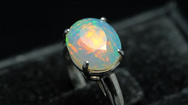 Close-up jewelry shot of opal ring glowing with rainbow-like hues  