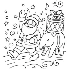 Santa Leading Parade with Tapir and Holly Drum Coloring Page