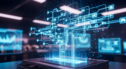 Digital Connection Blue Holographic Network Emerging from a Smartphone