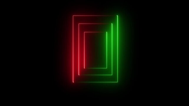 Glowing looping pentagonal neon square frame effect, black background. Neon rectangle frame icon animated. red and green color neon glowing square concept.