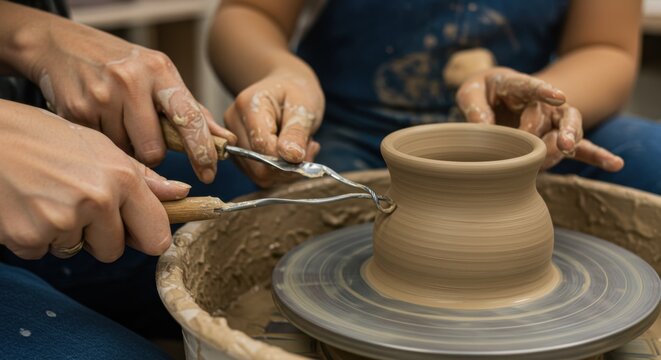 Hands Shaping a Clay Pot on a Pottery Wheel During a Crafting Session
