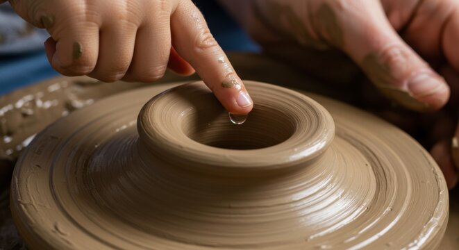 Hands molding clay on a pottery wheel, a child's finger adding water