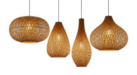 Four different woven pendant light fixtures hanging from wires isolated on transparent background