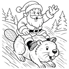 Santa Riding Beaver Down Icy Hill Coloring Page