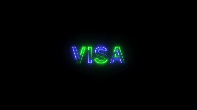 Glowing neon VISA Text Animation. Alpha matte with black background 4K resolution.