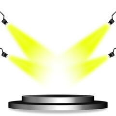 black glossy stage podium lit by yellow spotlights