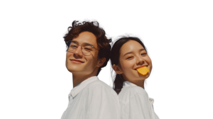 happy couple holding a red apple