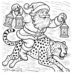 Santa Riding Cheetah with Glowing Lanterns Coloring Page