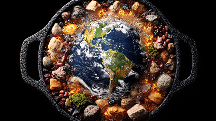 Creative Representation of Earth in a Skillet With Natural Ingredients and Elements, Showcasing Environmental Themes