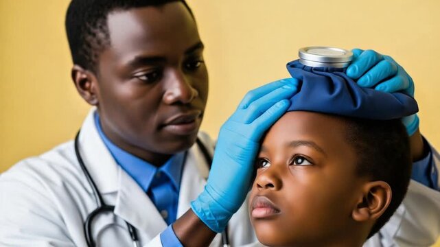 Caring doctor putting ice pack on young boy's head in the clinic room