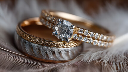 beautiful wedding rings on a soft light feather background showcasing elegant jewelry and love commitment for romantic wedding invitations and celebration