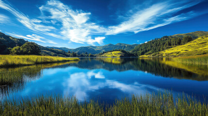 Fototapeta premium Vibrant blue sky with fluffy white clouds reflected in a serene mountain lake surrounded by lush green hills