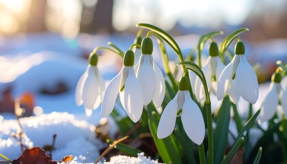 Delicate white snowdrop flowers bloom amidst melting snow, bathed in warm sunlight during early spring. Captured outdoors