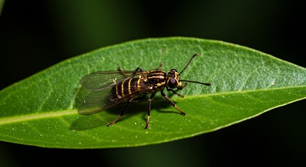Macro shot of a striped insect resting on a vibrant green leaf, detailed texture, natural light.