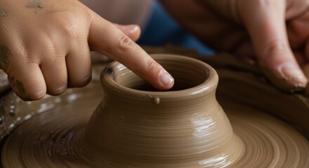 Close-up shot of hands shaping clay on a pottery wheel