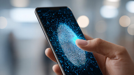 Fingerprint Scanning Technology Used to Unlock a Smartphone With a Glowing Design at a Tech Exhibition in the Evening