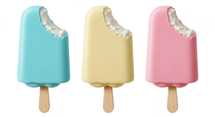 Three colorful ice cream bars with bites taken out, isolated on transparent background