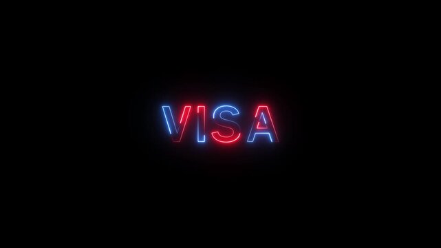 Glowing neon VISA Text Animation. Alpha matte with black background 4K resolution.
