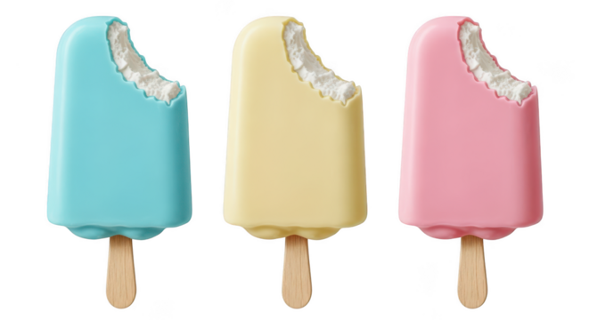 Three colorful ice cream bars with bites taken out, isolated on transparent background