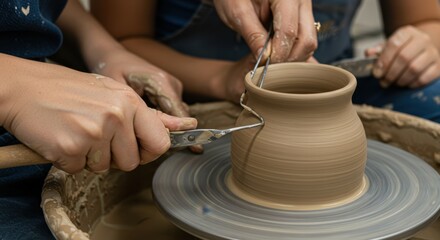 Hands shaping clay on a pottery wheel, crafting ceramic art