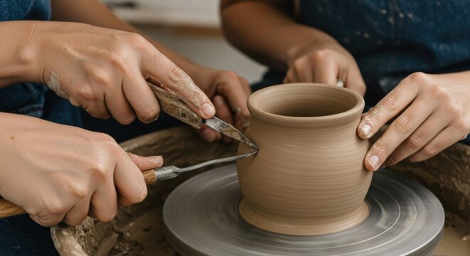Close up of a potter teaching a student to shape a clay vase on a pottery wheel