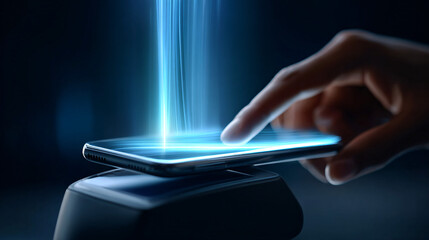 Touch Screen Interaction With a Smartphone Charging on a Wireless Dock, Showcasing Modern Technology in a Dark Environment