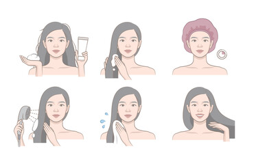 Adobe Illustrator ArtworkAsian woman hair care routine with conditioner treatment pack, washing, drying and soft shiny result
