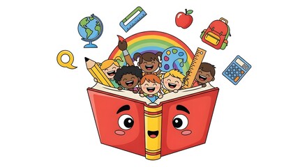 Children peeking out of an open book with school supplies and a rainbow.