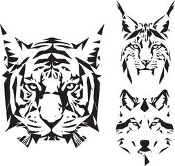 Tiger, Lynx, and Wolf in Bold Black and White Vector Style