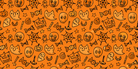 Whimsical halloween pattern featuring cute ghosts pumpkins spiders and candy on orange background