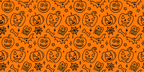 Whimsical halloween pattern with jack o lanterns bats ghosts and spiderwebs on orange background