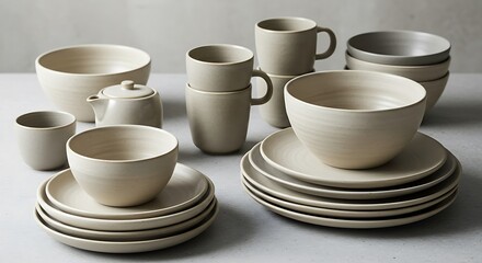 Minimalist Ceramic Tableware - Neutral Tones, Stacked Plates, Bowls, and Mugs on a Light Surface.