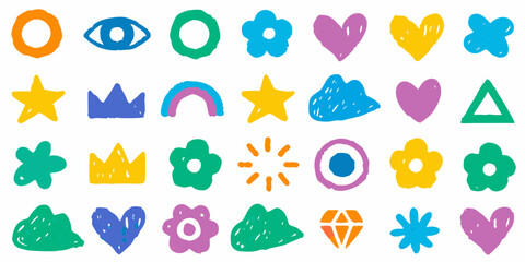 Collection of colorful hand drawn doodle icons including hearts stars flowers clouds rainbows and crowns on white background