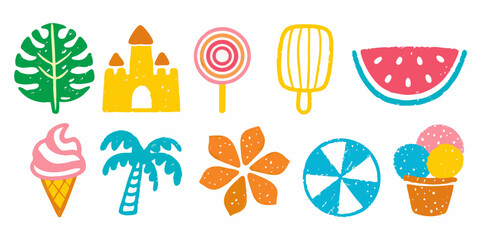Collection of colorful hand drawn summer icons including ice cream watermelon palm trees and beach castle