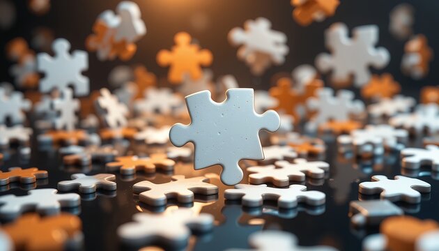 close up of a single puzzle piece floating above numerous scattered interlocking pieces on a