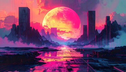 Neon Metropolis Under a Giant Pink Moon