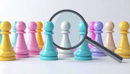 Obraz premium Pastel pawn magnifying glass focus individuality chess piece group blue yellow pink white standing selection leadership unique strategy teamwork arrangement closeup isolated concept decision