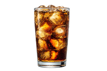 a glass of cola with ice cubes and a straw
