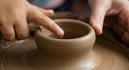Adult and child hands sculpt wet clay on a pottery wheel, a shared moment of learning and crafting a unique artistic piece
