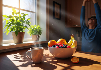 A classic morning routine with a cup of hot coffee and a delicious croissant, lit by the gentle light from a kitchen window.