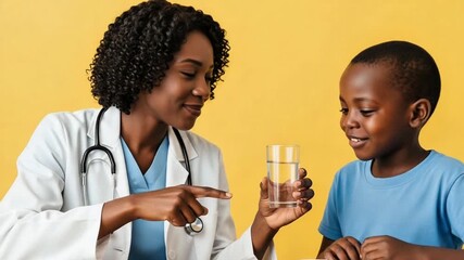 Doctor advising young boy to drink water for health on a yellow backdrop
