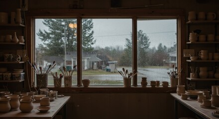 View of a rainy day from the window of a cozy pottery studio filled with handmade ceramics