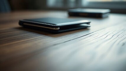 A sleek wallet lies on a wooden surface, highlighted by warm ambient lighting in a minimalist setting.