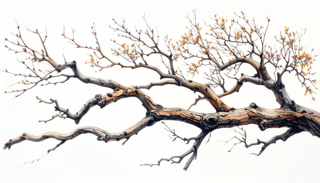 Minimalist crayon style drawing of dry tree branch with sparse yellow leaves, isolated on white background, evokes calm and simplicity in nature art - Powered by Adobe